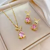 Necklace Earrings Set Light Luxury Zircon Bow Square Jewelry Stainless Steel Geometric Pendant Party Gifts For Women Girls