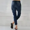 Jeans da donna alla moda pantaloni a matita in denim a botte dritta a vita alta blu allacciatura elastica Harlan