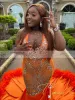 Orange Velvet Prom Dresses For Black Girl Mermaid Evening Gown Luxury Feathers Celebrity For Birthday Party Formal Gowns