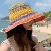 Wide Brim Hats Bucket Beach Woman Sun Straw Handmade Rainbow Striped Crochet BOHO 230407