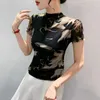 Women's T Shirts Winsleter Elegant Basic Clothes TShirt Short Sleeve Tees Autumn Women Sexy Half Turtleneck Printed Slim Mesh Tops T38420JC