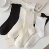 Women Socks 1Pair Lolita White Ruffle Middle Tube Ankle Breathable Black Woman Calcetines Sweet JK Spring Autumn