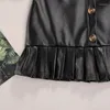 Clothing Sets Fashion Girls Clothes Halter One Shoulder Solid T Shirts Ruffles Single-breasted PU Leather Skirts Autumn Two-Piece Set