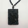 Hänge halsband vackra kinesiska handarbete naturliga svart obsidian snidade svärd guangong lyckliga amulet pärlor halsband fina mode smycken