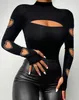 Dames t -shirt mode vrouw blouses shirt sexy kralen decor uitsparing lange mouw skinny top tshirts pullover tops herfst winter casual 230406