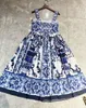 Vestido sofisticado feminino azul e branco porcelana estampada coletada cintura mangas fitflare cami midi vestido