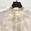 Kadın Bluzları 2023 SPRING VE YAZ TASARIMI Fildişi Beyaz Yarım Yüksek Boyun Üç Boyutlu Çiçek Nakış Dikiş Uzun kollu