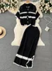 Work Dresses Korean Spring Summer Vacation Style Knitted Twi Piece Set Women Chic Hollow Out Sweater Cardigan Long Maxi Skirt Sets