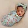 Couvertures 2pcs Born Baby Microfibre Swaddle Wrap avec Bonnet Chapeau Headwrap Set Mignon Floral Animal Print Infantile Couverture de réception