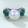 Cluster Rings Handgjorda Pearl Emerald Diamond Ring Real 925 Sterling Silver Party Wedding Band for Women Bridal Engagement Smycken