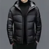 Haining Herren Schaffell Mittellange Kapuze Weiße Ente Lässige Daunen Warme Echtlederjacke Mantel Winter