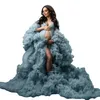 Fotografia Baby Shower Suknie wieczorowe Dusty Blue Sukienka ciążowa Sesja zdjęciowa Falbany Tiul bal Suknie ciążowe