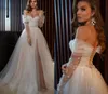 Elegante zachte tule Boho trouwjurk lange mouwen lieverd parels bruidjurken strand split prinses Robe De Mariage