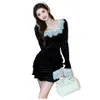 Women's square collar eyelash lace patched velvet sexy bodycon tunic drapped short dress SML