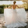 Fée rustique pays robe De mariée avec fente Sexy bretelles Spaghetti Court Train Tulle dentelle bohème robe de mariée dos nu jardin robes De Novia robes de mariee