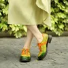 Klänningsskor Storlek 36-42 Vintage kontrasttryck Lace-up Casual Round Toe Thick Heel Women Flats Green