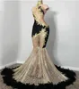 Veren Goud Long prom jurken African Slay Queen -jurk voor zwarte meisjes Sparkly Crystal Sheer Mesh Birthday Party Jurk 322