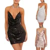 Lässige Kleider Damen Glitzer Neckholder Kleid Erwachsene Sexy Rückenfrei Volltonfarbe Wasserfallausschnitt Pailletten Weiß/Rosa/Schwarz S/M/L/XL