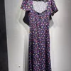 Vestidos de festa feminino fino ajuste floral impressão midi vestido prairie chique feminino manga curta puff gola quadrada rendas robe primavera verão