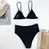 Dames badkleding Black Bandeau High Taille Bikini Vrouwen Tweedelen met riem Bather Bathing Suit zwemkleding