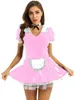 Sexy Costumes French Maid PVC Dress Lockable Women Party Clubwear Lace Trimming Maids Uniform Fancy Sissy Role Play With Neck Ring