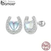 Stud Bamoer 925 Sterling Silver Horseshoe Round Earplug Earrings Heart Moonstone With Round Ear Plug for Fashion Women Fine Jewelry YQ231107