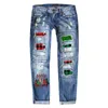 Женские джинсы, осенние и зимние утолщенные брюки с рождественским принтом и отверстиями
