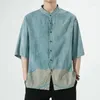 Etnisk kläder Autumn Fashion Blue Stand Collar 8 Quarter Sleeves Tang Suft Jacket Män kinesisk stil Bomull Linne knapp skjorta plus storlek