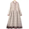 Casual Dresses Autumn Women Sweet Round Collar Lace Flower Dress Long-Sleeved Cotton