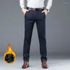 Calças masculinas marca inverno velo fluff engrossar quente casual homens negócios reto elástico grosso algodão cinza calças masculinas