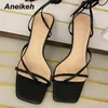 Women Fashion SONDR Sandals Stiletto Shoes Heels Squared Toe Gladiator Lace Up Ankle Strap Narrow Band Party Orange 769