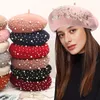 Berets Vintage Pearl Beret Hat for Women Cashmere Winter Retro French Black Red Artist Flat Fashion Yellow Lady Cap