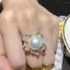 Bröllopsringar Luxury Flower Pearl Zircon Ring Silver Color Engagement Band för Women Bridal Promise Finger Party Jewelry Gift