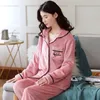 Pyjama Damen Flanell Womens Sleep Lounge LoungeHerbst Winter Reversdruck Taschen Plüsch Verdickung Wärme Ärmel Korallensamt Heimkleidung