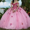 Różowa lśniąca suknia balowa sukienka Quinceanera 2024 3D kwiatowa księżniczka Tiulle Vestidos de 15 Anos Birthday Party Sweet 16 Sukienka 2024
