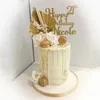 Forniture festive 2 pezzi Topper per torta con lancia di palma Ventaglio pieghevole in carta Buon compleanno Decorazione in foglia d'oro Decorazione per dessert per matrimoni