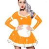 Costumes sexy femmes à manches longues brillant PVC robe de chambre servantes Halloween Cosplay Costume Sissy Faux cuir grande taille S-7XL robes avec tablier