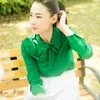 Blouses feminina KPOP estrela coreana de outono botão de botão da moda primavera malha nó de arco feminino de mangas longas de mangas longas femininas de rua soltas