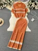 Work Dresses Korean Spring Summer Vacation Style Knitted Twi Piece Set Women Chic Hollow Out Sweater Cardigan Long Maxi Skirt Sets