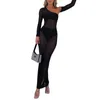 Casual Dresses Women's Elegant Mesh Sheer Long Dress Sexig svart ärm snedstreck Bodycon Evening Party