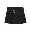 Damen-Shorts für Damen, 2023, modisch, vorne, plissiert, Detail, falsche Knöpfe, asymmetrischer Saum, schwarz, Skort, Büro, elegant, hohe Taille