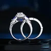 Cluster Anneaux Wuziwen 2 Pcs Véritable 925 En Argent Sterling De Fiançailles De Mariage Pour Les Femmes Princesse Coupe Bleu Poire CZ Ensemble De Bijoux De Mariée