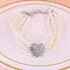 Dog Collars Pet Four Row Pearl Necklace Crystal Pandant Heart Fashion Jewelry (White Size M)