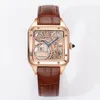 Top Stylish Quartz Watch Men Gold Srebrny Transparent Pusty Dioll Sapphire Glass Skórzany pasek na rękę Klasyczne kwadratowy projekt Gentlemen Casual Clock 170D