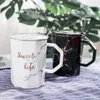 Tassen Sweet Life Marble Ceramic Cup Creative Small Fresh mit Deckel und Löffel