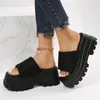 Slipare 2023 Summer Brand Women Single Band Platform Sandaler Black Nylon Chunky Wedges Slipper 230407