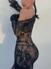 Casual Kleider CHRONSTYLE Spitze Mesh Sexy Kleid Frauen 2023 Clubwear Durchsichtig Asymmetrisch Aushöhlen Langarm Mini Vestidos Y2K