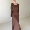 Casual jurken tossy zwart geribbelde mode maxi-jurk voor dames losse slanke hoge taille elegante lange mouw feest vrouwelijke herfst