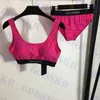 딥 핑크 수영복 여성 비키니 세트 스포츠 브라 탱크 편지 인쇄 수영복
