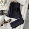 Women's Two Piece Pants Vintage Formal Pant Sets 2023 Dark Blue Female Blazer Jacket Trouser Suits Office Lady Business Work Wear 2